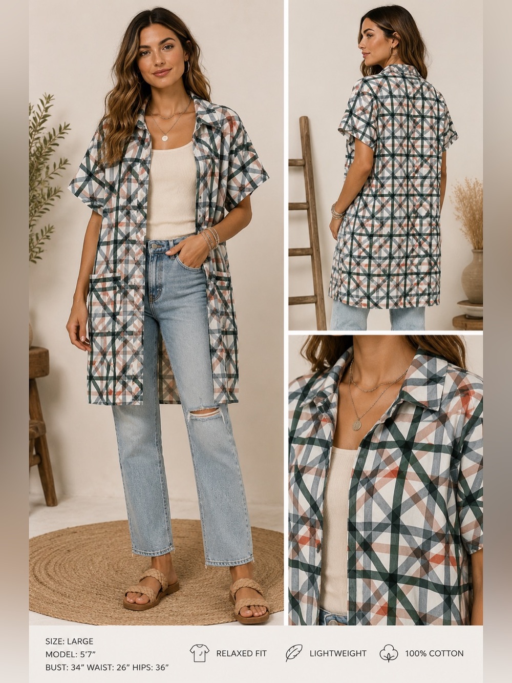 COS Plaid Shirt Dress Large Minimalist Cotton Tunic Button Front Oversized